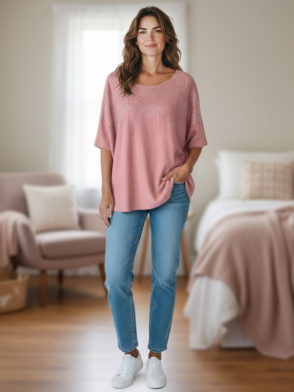 Luna Relaxed Scoop Neck Sweater Top in Dusty Pink Embellished 1X